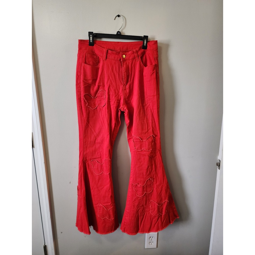 Red Butterfly Patch Bell Bottom Flare Jeans High Waisted XL Red Denim